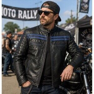 Buckle Black Moto Jacket Mens S Black Blue Faux Leather Cafe Racer Biker Zip